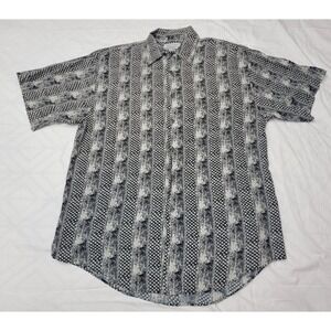 Retro Mens Medium Rayon Short Sleeve Button Down Shirt Black White‎ Geometric